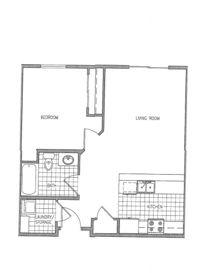 Floor plan for 1 bed, 1 bath, 619 sqft